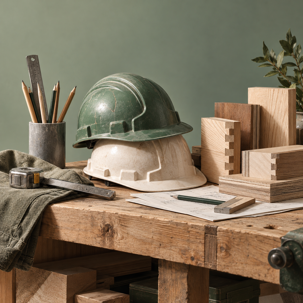 Illustration of small construction workshop: hard hats, joinery samples, an organized site bench