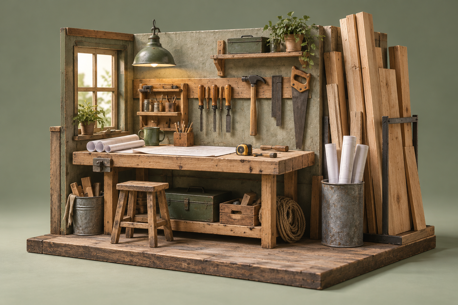 Illustration of small construction workshop: an organized site bench, stacked timber, rolled blank plans